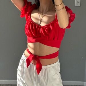 SHEIN Red Puff Sleeve Crop Top with Tie Front